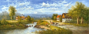 Lake Pond Waterfall Painting - Idyllic Countryside Landscape Farmland Scenery 0 416 lake landscape